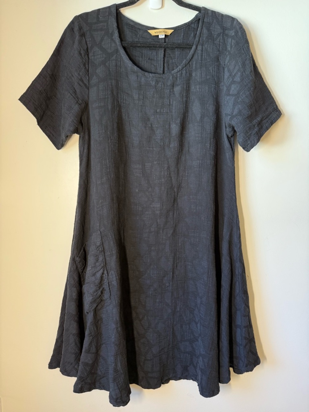 Windhorse  Lagenlook dress cotton loose fit textured black fabric pocket artsy